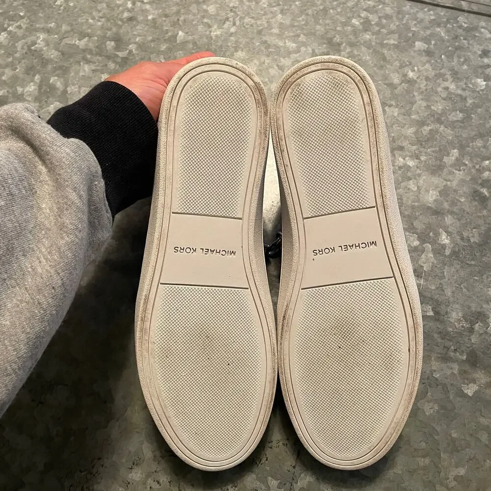 Michael Kors Grayson Slip On Leather Sneakers Shoes 8.5 White Metallic Gray Zip